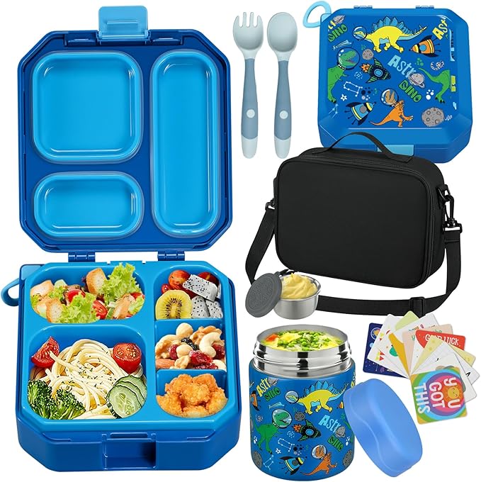wiwens Bento Lunch Box for Kids with 12oz Soup Thermo Leak-Proof Lunch Food Container with 5 Compartment Thermo Hot Food Jar and Insulated Lunch Bag for Kid Toddler Girls Boys to School