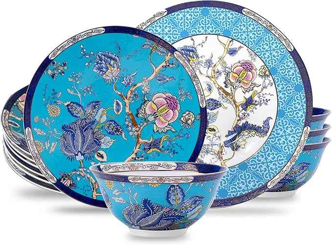 ACMLIFE Bone China Dinnerware Set for 4, 12-Piece Vintage Floral Dinnerware Set, Kitchen Plates and Bowls Set, Fine China Set Gifts Mother's Day, Dinnerware Sets Blue and White for Women (Blue)