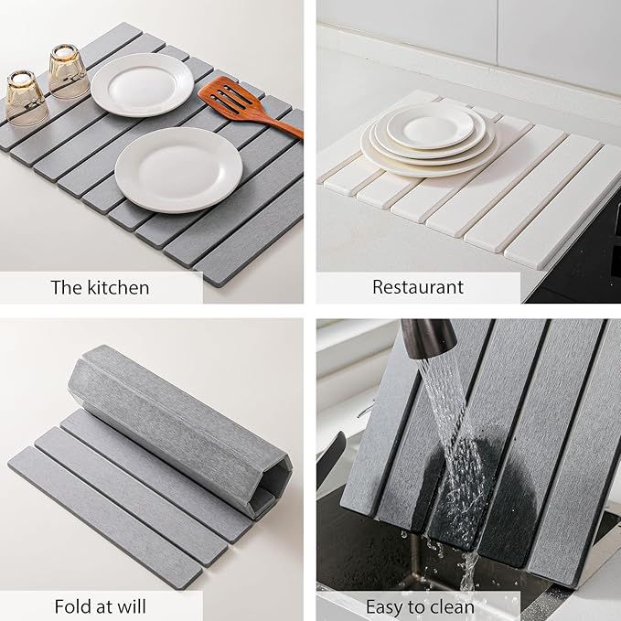Large Stone Drying Mat for Kitchen Counter, 24''L x 16''W Diatomaceous Earth Collapsible Dish Drying Mat, Quick Drying Mat, Glasses and Flatware, Matches Any Countertop (Light Gray, 24'' x 16'')