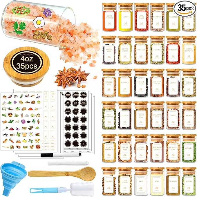 BGraceyy Spice Jars with Labels, 35 Pcs 4 oz Glass Spice Jars with Bamboo Lids, Minimalist Stackable Airtight Spice Containers with 426 labels for Home Kitchen, Pantry, Spice Cabinet, Drawer, Rack