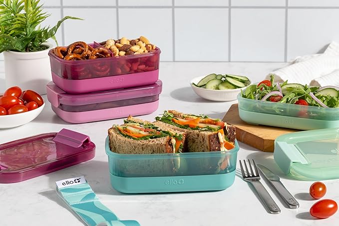 Ello 2-Pack Lunch Stack Plastic Food Storage Container Bento Box with Airtight, Leak-Proof Locking Plastic Lids and Silicone Base, BPA-Free, Freezer, Microwave, and Dishwasher Safe, Mint Chip