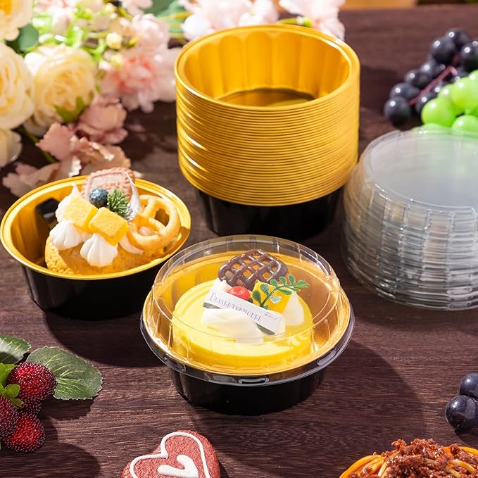 Tessco for you 100 Pcs Disposable Ramekins with Lids 8 oz Creme Brulee Ramekin Aluminum Foil Cup Cupcake Liner Baking Valentines Disposable Muffin Tin Pan Cheesecake Container (Black,Gold)