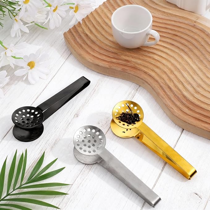 3 Pcs Tea Bag Squeezer Tongs, Stainless Steel Teabag Strainer Dispenser Tea Filter Spoon Clamp Dispenser Accessories for Gripping Teabags Ice Sugar Lemon Slice (Black, Silver, Gold)