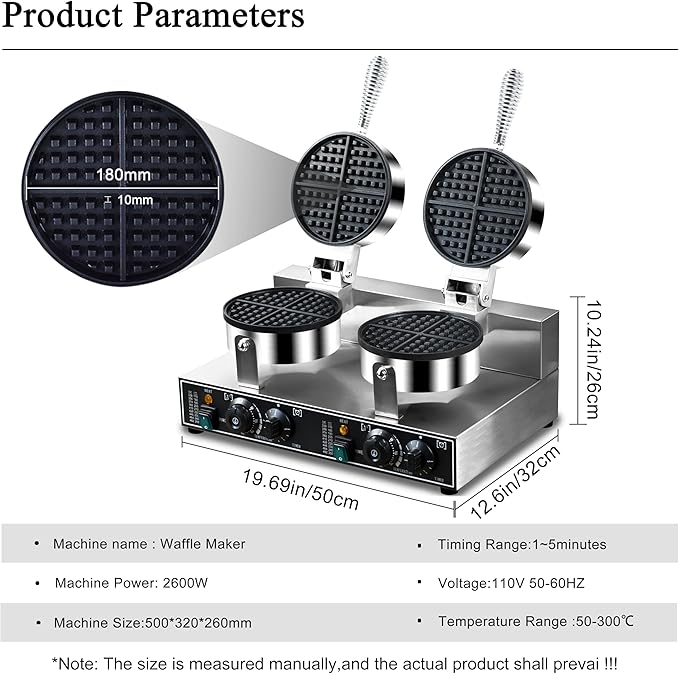 110V 2600W Commercial Double Waffle Maker,Non-Stick Commercial Waffle Baker,Stainless Steel Belgian Waffle Iron for Restaurant Party Food Stall, Bakery Snack Bar Family