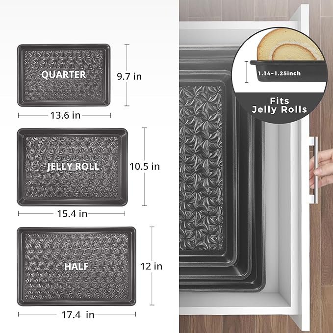 HONGBAKE Nonstick Baking Sheet Pan Set of 3, Cookie Sheets for Oven, Non-Toxic Half/Quarter/Jelly Roll Pans with Floral Swirl Texture, Heavy Duty 0.8mm Thick Oven Trays for Cooking, Dark Gray