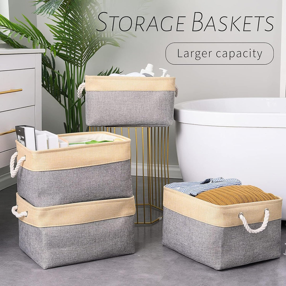 Organization and Storage Basket for Organizing - Large 4 Pack 16x12x8 inch Collapsible Baskets for Shelves Fabric Storage Cube, Storage Bins for Laundry Cloth Books Gift (Gold & Grey)