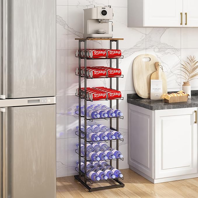 GILLAS 8 Tier with Wooden Top Water Bottle Storage with Wooden Tabletop,Metal Beverage Can Rack,Large Capacity Bottled Rack Water Bottle Holder Stand for Cabinet,Countertop Kitchen,Party,Black