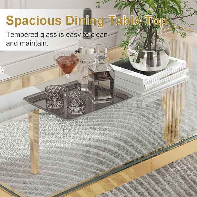 AF ARTISAN FURNITURE 53'' Glass Dining Table Set for 4, Kitchen Table Chairs Set of 4, Clear Gold Glass Dining Tables with Stainless Steel Legs, 4 Grey PU Dining Chairs, Living Room, Kitchen