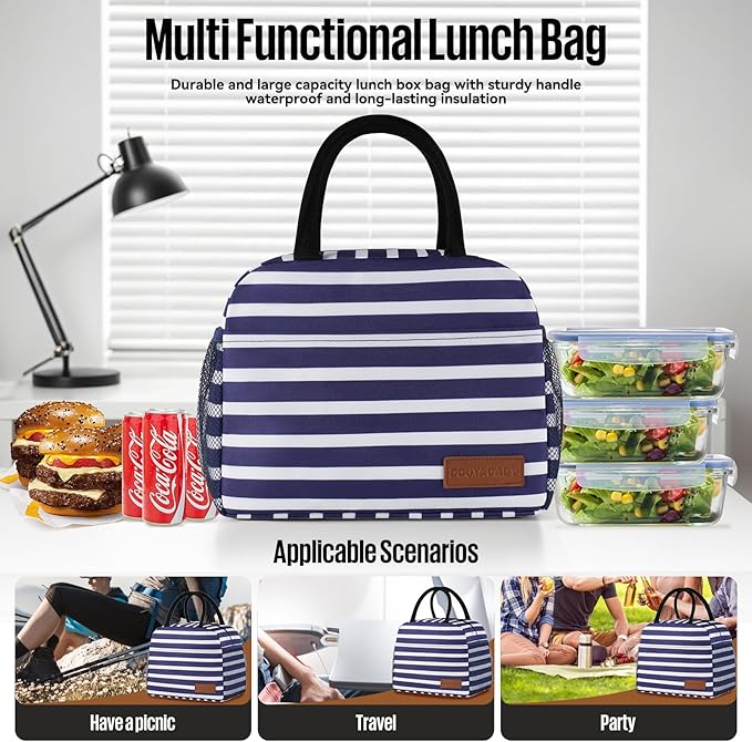 douyadady Lunch Bag Women/Men Lunch Box Women/Men (Dark blue+White Stripes)