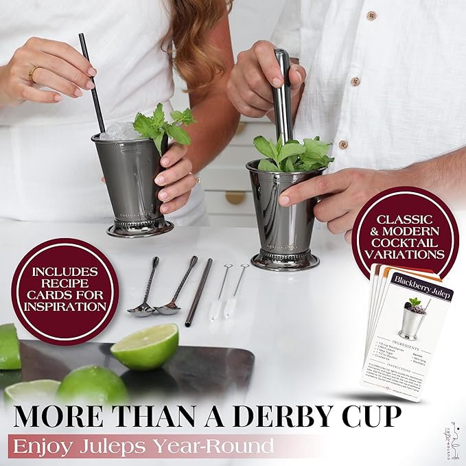 Gusto Nostro Mint Julep Cups Set of 4 - Stainless Steel Julep Cup Kit with Straws, Muddler, Spoon, Recipes, Vases - Southern-style Cocktail Glasses for Home Bar - Stainless Steel Cocktail Cups (Black)