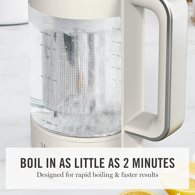 Martha Stewart  Electric Kettle with Removable Stainless Steel Tea Infuser, Glass Carafe 1.7L (7 Cups), Hot Water Boiler, 4 Presets, Keep Warm & Auto Shut-Off, Cordless 360° Swivel Base, Linen White