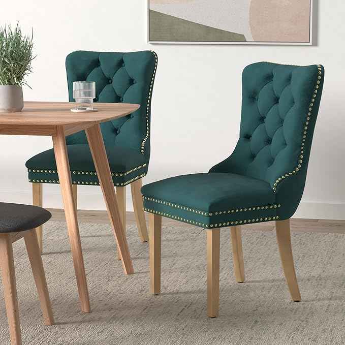 Velvet Dining Room Chairs Set of 4, Upholstered Dining Chairs with Back Ring Pull Trim and Golden Stainless Steel Legs,Modern Dining Chair Perfect for Dining Room,Living Room,Kitchen(Green)