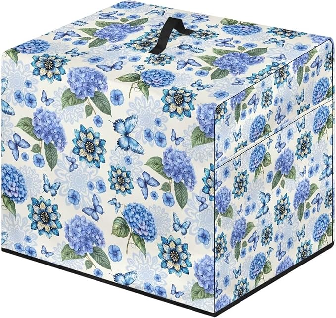 Food Slicer Cover Home Kitchen Electric Appliance Cover Waterproof Fabric Dust-Proof Durable Cheese Bread Meat Slicer Cover with Side Pocket and Top Handle, Blue Hydrangea Butterfly Print