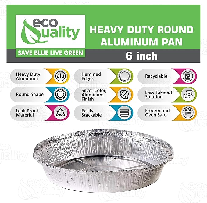 EcoQuality 6" Round Aluminum Foil Pans - Disposable Containers with Foldable Walls for Pie Baking, Cooking, Serving, Reheating, and Storing - Freezer and Oven Safe Tart Pan 300 Pack