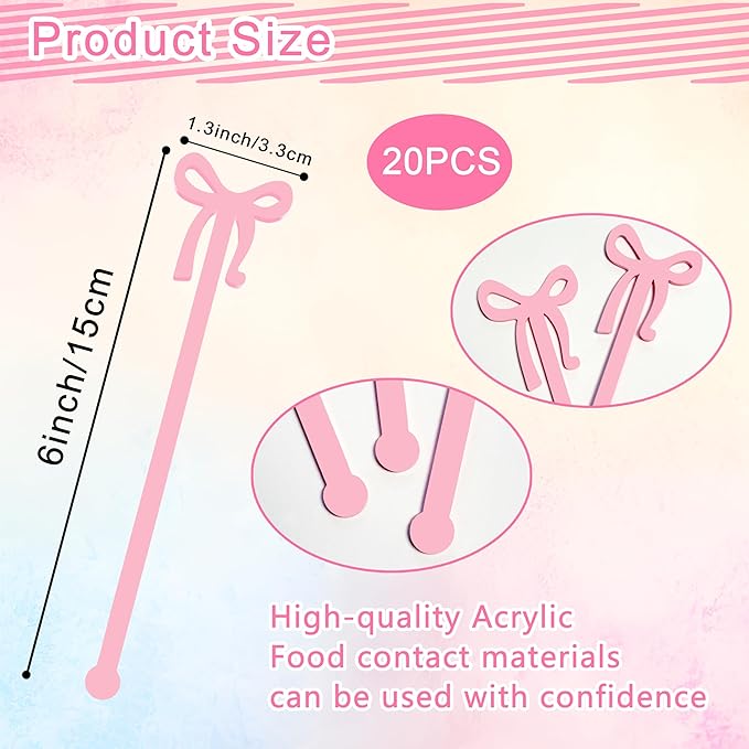 Pink Bow Drink Stirrers 20PCS Acrylic Coffee Stir Sticks for Shirley Temple Bar Supplies Coquette Birthday Party Decorations Wedding Accessories (Pink)