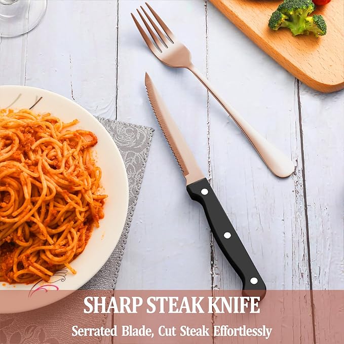 36 Pcs Rose Gold Silverware Set with Steak Knives Service for 6,Stainless Steel Flatware Set,Mirror Polished Cutlery Utensil Set, Kitchen Eating Tableware,Include Fork Knife Spoon Set,Dishwasher Safe