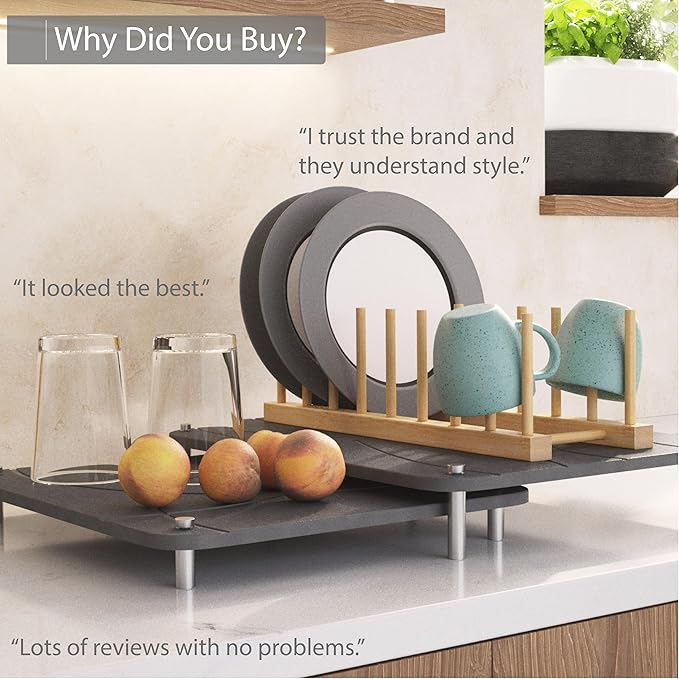 Nested Dish Drying Stone Mat with Bamboo Rack | 2 Pcs Diatomaceous Earth Stone Drying Mats for Kitchen Counter with Non-Slip Feet | Collapsible Large Drying Stone for Dishes (Dark Gray)