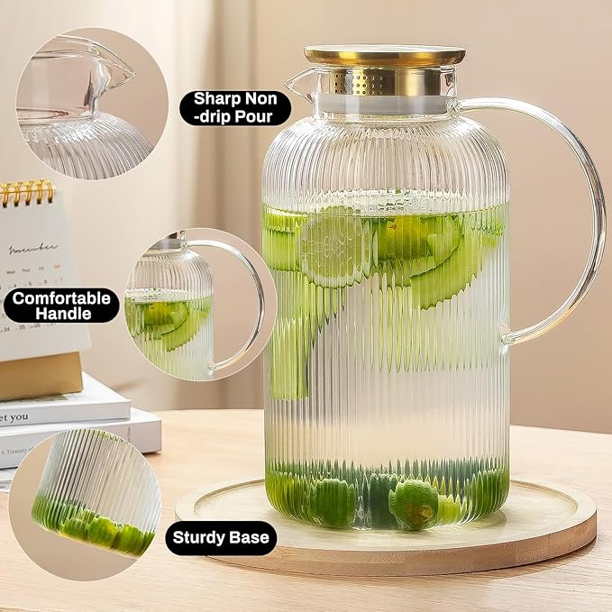 Buaic Glass Pitcher with Lid, 100 oz/ 3 Liter Classic Vertical Stripes Water Pitcher,Glass Water Carafe for Cold Brew, Coffee, Lemonade, Iced Sun Tea,Beverage, Milk, Heat Resistant