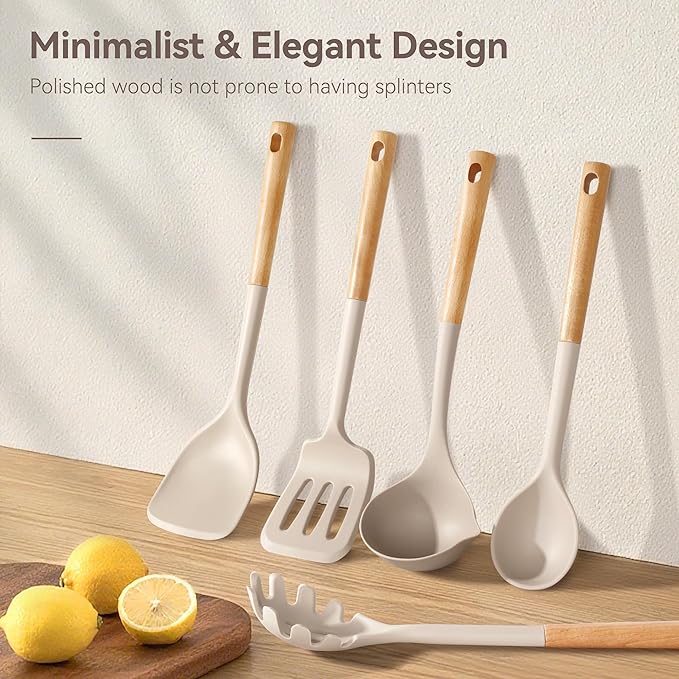 Kitchen Utensils Set, Large Non-stick Silicone Cooking Utensils Set 6 Pcs, Wooden Handle Heat Resistance Silicone Spatula Soup Ladle Pasta Server Kitchen Gadgets Utensils Set BPA Free (Khaki)