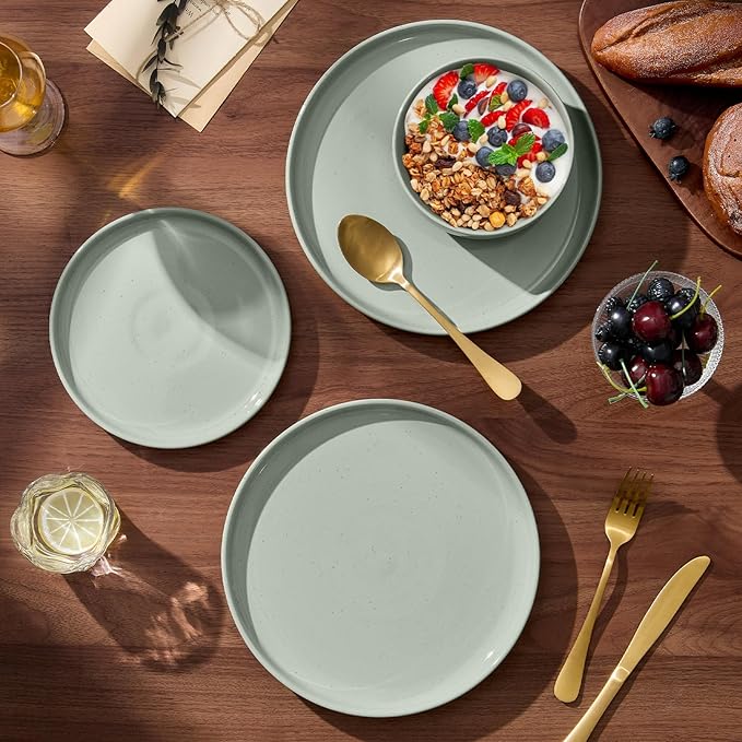 E-far 18-Piece Stoneware Dinnerware Sets, Plates and Bowls Sets for 6, Ceramic Dishware Dishes Set with Terracotta Base, Chip & Scratch Resistant, Microwave & Dishwasher Safe, Speckled Green