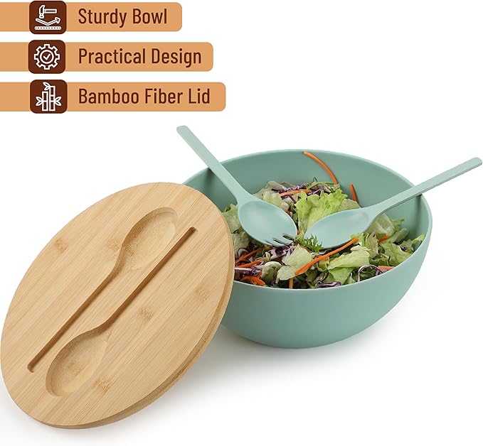 BAMBOO LAND- Extra Large Salad Bowl with Wooden Lid, 11.4 Inch/177 Oz, Mint Green, Bamboo Fiber Salad Bowl with Serving Utensils, Wide Applications