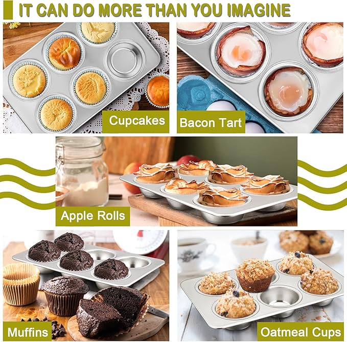 P&P CHEF Muffin Pan Cupcake Baking Pan Set, Stainless Steel Muffin Tin Tray for Mini Cake Tart Quiche, Oven & Dishwasher Safe, Non-toxic & Heavy-duty, (6 Cup, 1Pc)