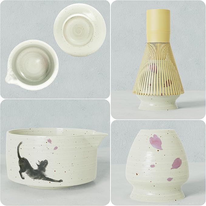 Complete 8-Piece Matcha Set – Japanese Matcha Tea Ceremony Kit with Cat Print Bowl, Bamboo Accessories & Premium matcha tools for Home Tea Rituals, Mindful Gift for Matcha Lovers