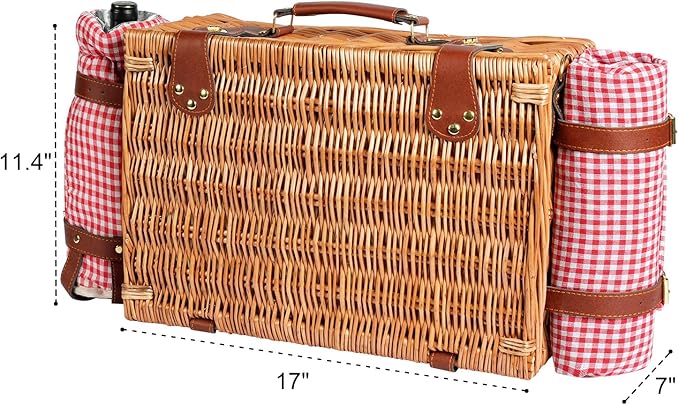 Wicker Picnic Basket Set for 4 Person with Cooler Compartment and Waterproof Picnic Blanket,Removable Strap,Wine Bag,Cutlery Set,for Camping,Day Travel,Beach,Hiking,BBQ and Family/Couples Gifts (Red)