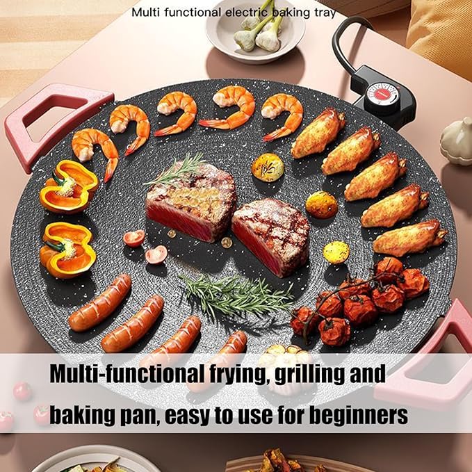 Indoor Smokeless Electric Griddle, Nonstick Round Tabletop Grill with Temperature Control, 1000W Fast Heating, Oil Drain Design for Steaks, Burgers, Pancakes, BBQ (36 cm/14 inch)