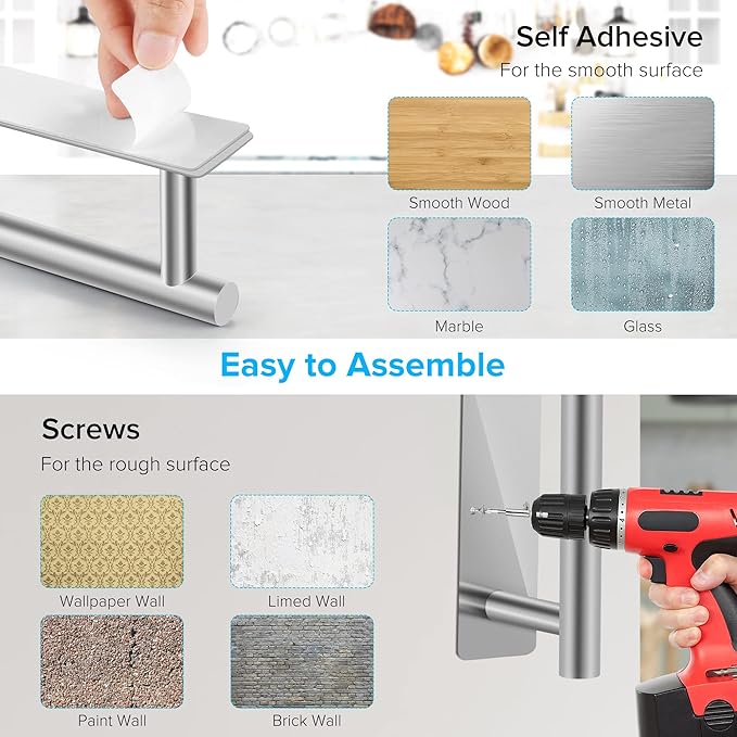 2nd Gen Paper Towel Holder Under Cabinet No Drilling, [More Sturdy] Self Adhesive or Drilling Paper Towel Holder Wall Mount for Kitchen, RV, [Fit Mega Paper Towel Roll] SUS304 Stainless Steel