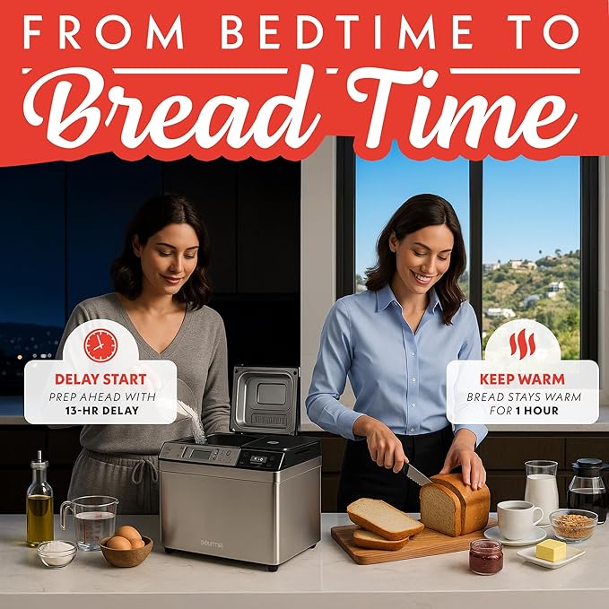 Gourmia Bread Maker with 2 LB Loaf Capacity - 13 Presets Jam Mode, Automatic Ingredient Dispenser, Customizable Crust Options, Keep Warm & Delay Start, Dishwasher Safe Parts