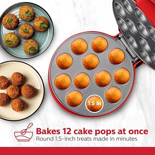 Holstein Housewares 12-Count Cake Pop Maker with Non-Stick Plates & Indicator Lights – Bakes 12 Sweet or Savory Pops Fast, Perfect for Birthday Treats & Holiday Party Snacks, Red