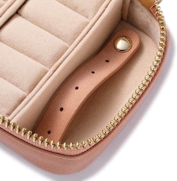 HISCOW Vegan Leather Travel Jewelry Case with Zipper - Portable Necklace & Earring Holder Organizer for Women Girls, Velvet-Lined Ring Box with Anti-Tarnish Design, Pink