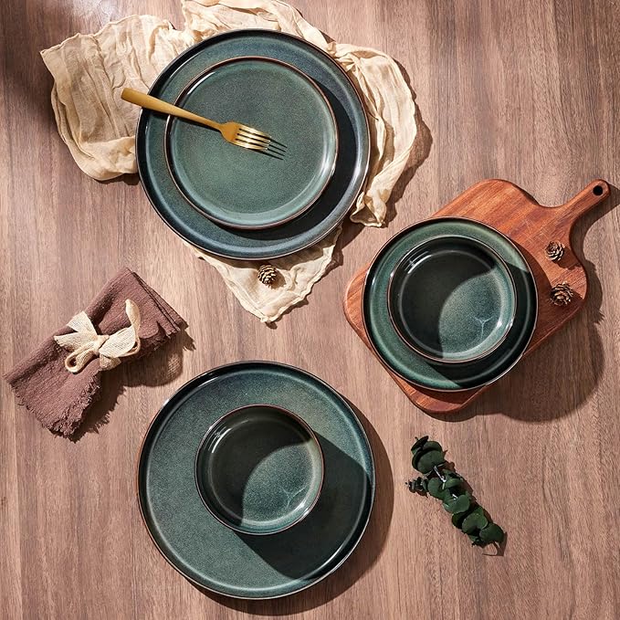 E-far 6-Piece Plates and Bowls Set, Stoneware Dinnerware Sets for 2, Ceramic Dishes Reactive Glaze Dinning Ware, Microwave & Dishwasher Safe - Obsidian Green