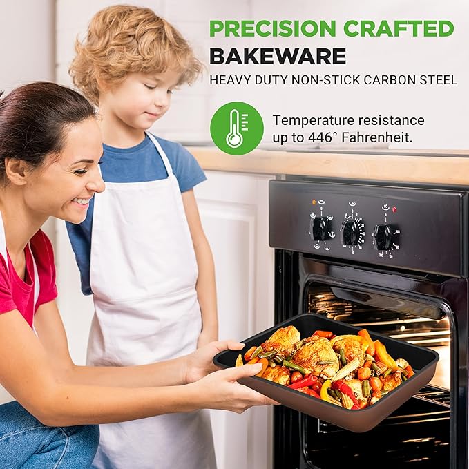 NutriChef 8-Piece Nonstick Stackable Bakeware Set – Non Toxic Carbon Steel Baking Trays W/Cookies Sheet Muffin, Loaf, Cake, Round & Square Pan – Easy To clean & Easy to Release, Oven Safe – Brown