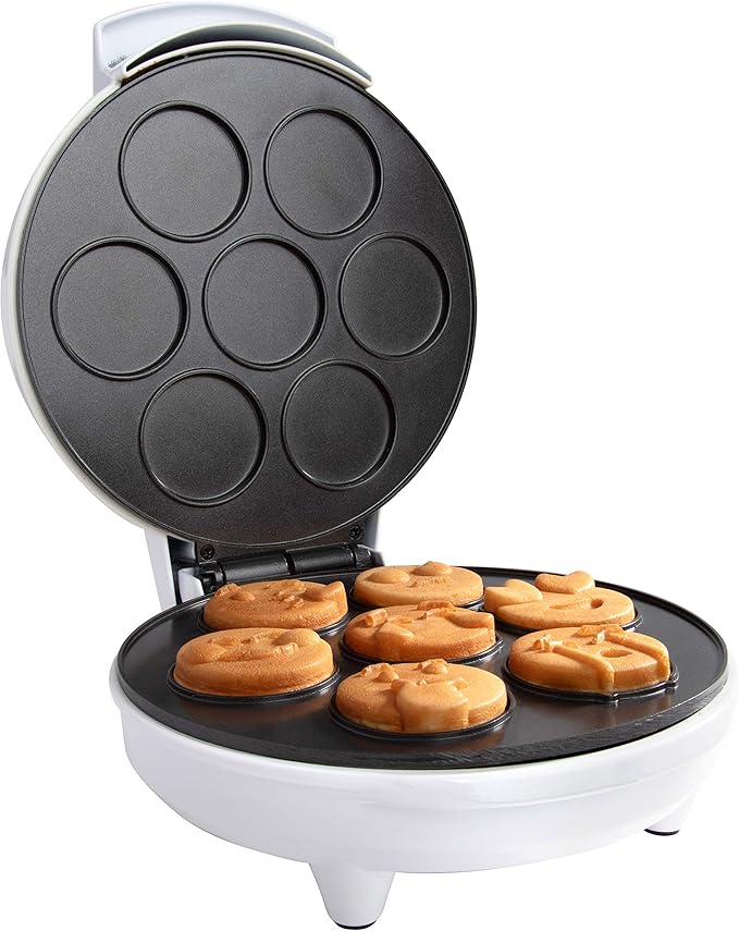 Mini Emojis Waffle Maker for Mother's Day Breakfast- Make 7 Unique Smiley Face Waffles Pancakes for Kids- Electric Non-Stick Iron Feat Kiss Face Heart Eyes & Smile w Recipe Guide- Licensed by Emoji