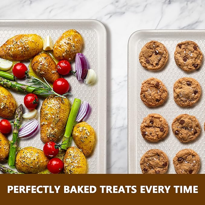 Wildone 2 Pack Half Sheet Baking Pans, Honeycomb Embossed Nonstick Baking Sheet 17.5x12 In, Thicker Carbon Steel Cookie Sheet, Even Heating & Warp Resistant, White