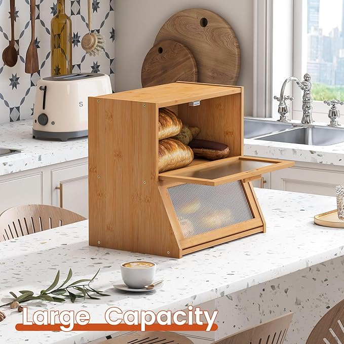 GHWIE Double Layer Bamboo Bread Box for Kitchen Counter,Large Capacity Bread Storage Bin,Bread Container with Acrylic Wavy Door Panel (Natural, Extra Large)