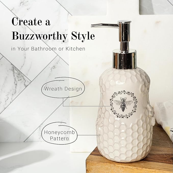 Young's Inc. Ceramic Honey Bee Soap Dispenser for Bathroom and Kitchen - White