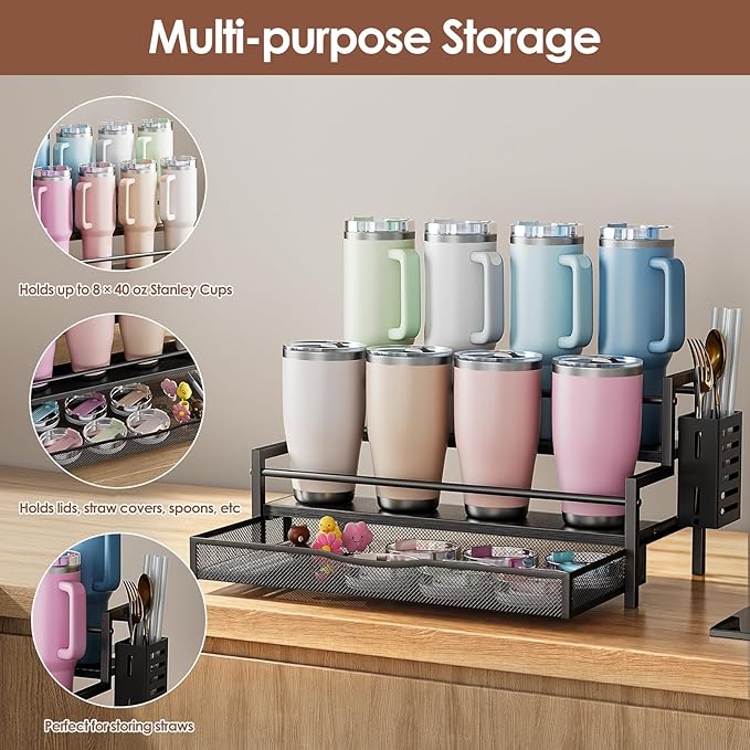 Water Bottle Organizer for Full Stanley 40 oz Tumbler with Handle, 2 Tier Tumbler Organizer for 8 Cups, Kitchen Pantry Organizers and Storage for Owala Stanley Cup Accessories, Black