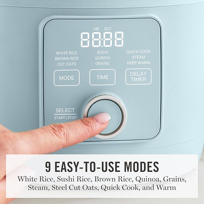 Martha Stewart Rice Cooker, 4 Cup (Uncooked) / 8 Cup (Cooked), Ceramic Non-Stick Removable Pot, Keep Warm, Measure Markings, Steam Basket, Brown & Sushi Rice, Quick Cook, Quinoa, Grains, Oats, Sky Blue