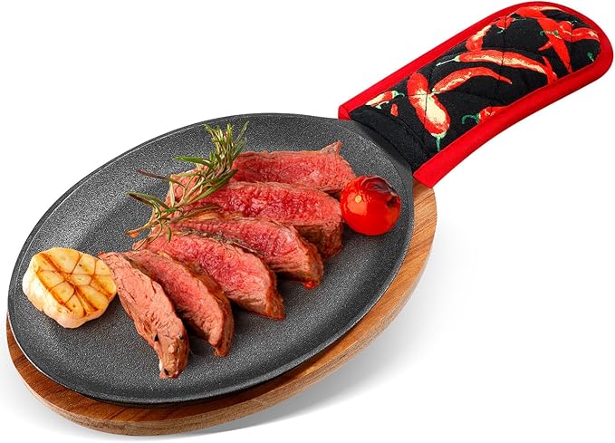 Lallisa 1 Set Cast Iron Fajita Plate Set Fajita Plate Pan with Wooden Tray Anti Scald Protection Hot Mitt Cast Iron Skillet Set for Home Barbecue Kitchen Party Restaurant Catering Service