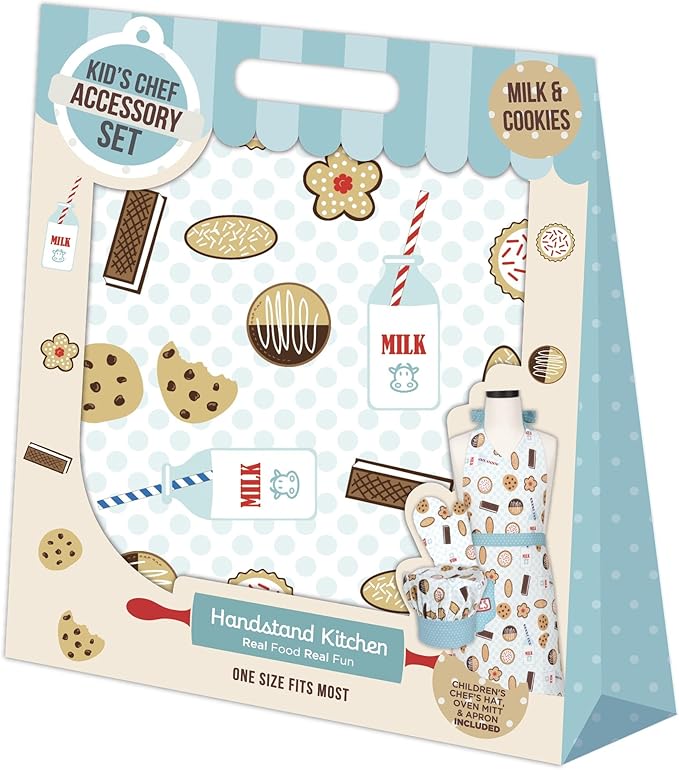 Handstand Kitchen Child's 100% Cotton Bright Pastel Print Apron, Mitt and Chef's Hat Set - Milk & Cookies