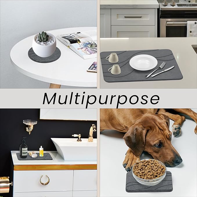 Stone Dish Drying Mat For Kitchen Counter With Diatomite Sink Tray Set - Quick Dry, Fast Water Abosrbing, Diatomaceous Earth - Multi-Purpose Stone Drying Mat For Dishes, Cups, Bottles - (15" x 15")