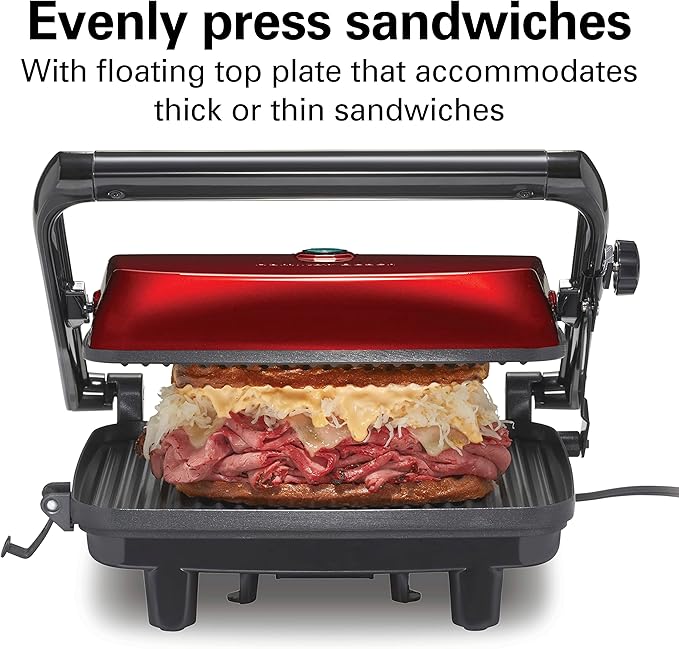 Hamilton Beach Panini Press Sandwich Maker & Electric Indoor Grill with Locking Lid, Opens Wide to Fit Any Thickness for Quesadillas, Burgers & More, Nonstick 8" x 10" Grids, Red (25462Z)