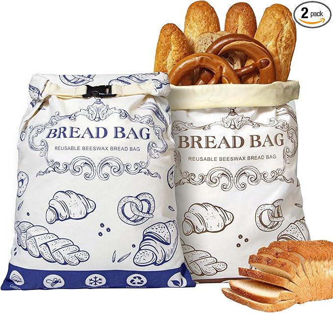 2 Pack Bread Bag for Homemade Bread,17“x12 Reusable Beewax Food Storage Bags with Beeswax Lining,Natural Cotton Storage Bag Sourdough Bread Bags,XL Beeswax Bread Bag for Fresh Bread Storage