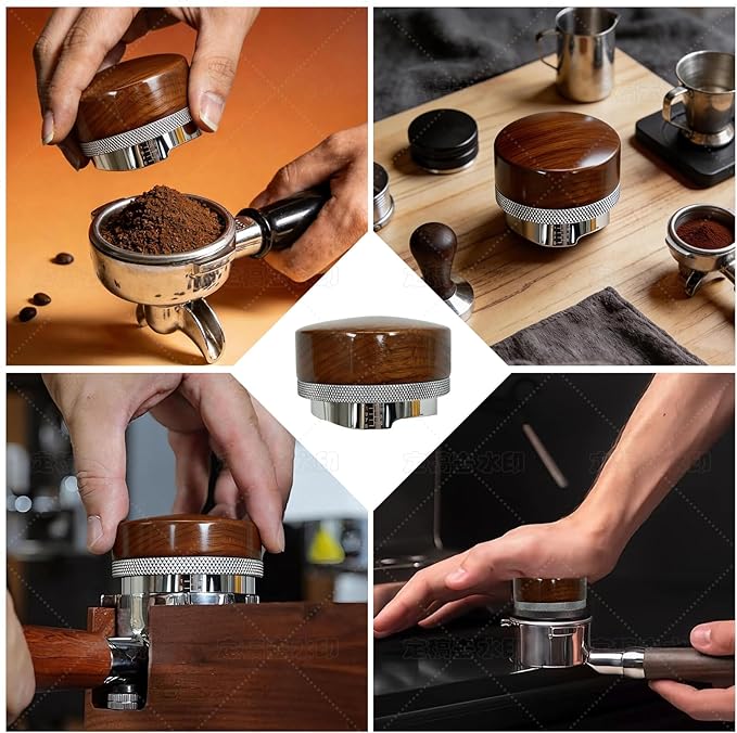 53mm Espresso Accessories, Espresso Distribution Tool, Adjustable Height 5-15mm, Walnut Wood & 304 Stainless Steel, Compatible with 54mm Breville Espresso Machines