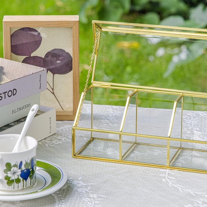 NCYP Glass Tea Bags Organizer with 5 Grids Compartments, Indoor Counter Top Brass Display Case with Lid, Storage Box, Gold, Decor, Teabag Storage, 14.5 x 3.6 x 3.66 Inches (Glass Box Only)