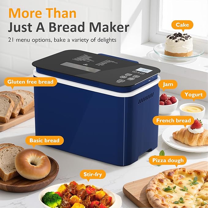 21-in-1 Programmable Bread Machine, 2.2LB Break Maker with Nonstick Pan & Digital Touch Panel, 3 Loaf Sizes 3 Crust Color, Keep Warm & 15H Timer, Bread Making Kit & Breakfast Maker, Blue