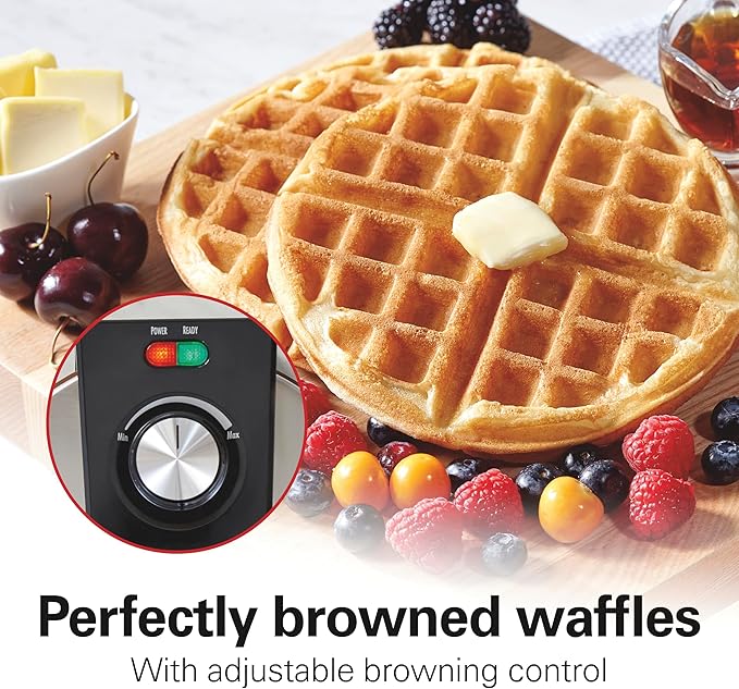 Hamilton Beach Belgian Waffle Maker with PFAS-Free Non-Stick Ceramic-Coated Plates, Browning Control, Indicator Lights, Stainless Steel (26081)